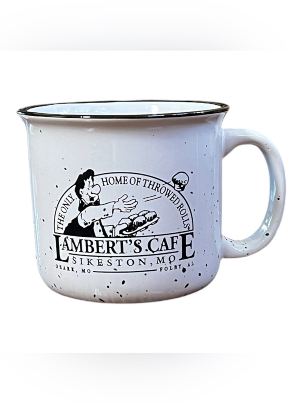 Farmhouse White Speckled Ceramic Coffee Mug with Logo by Lambert’s Cafe